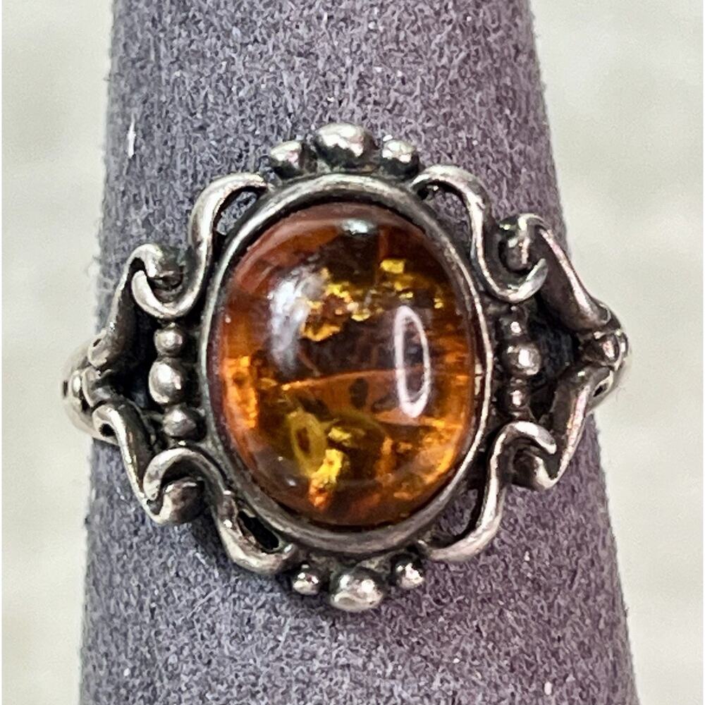 Vintage Sterling Silver 925 Ring Oval Cabochon Baltic Amber Size 7 - 4.1g